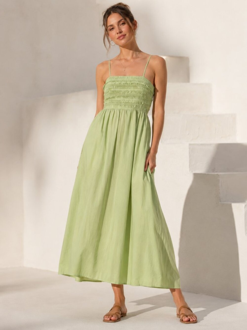 AYR Light Green Smocked Midi Dress